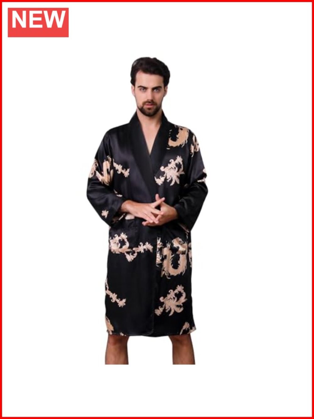 Mens Satin Robe Silk Kimono Bathrobe Long Sleeve Sleepwear with Pockets